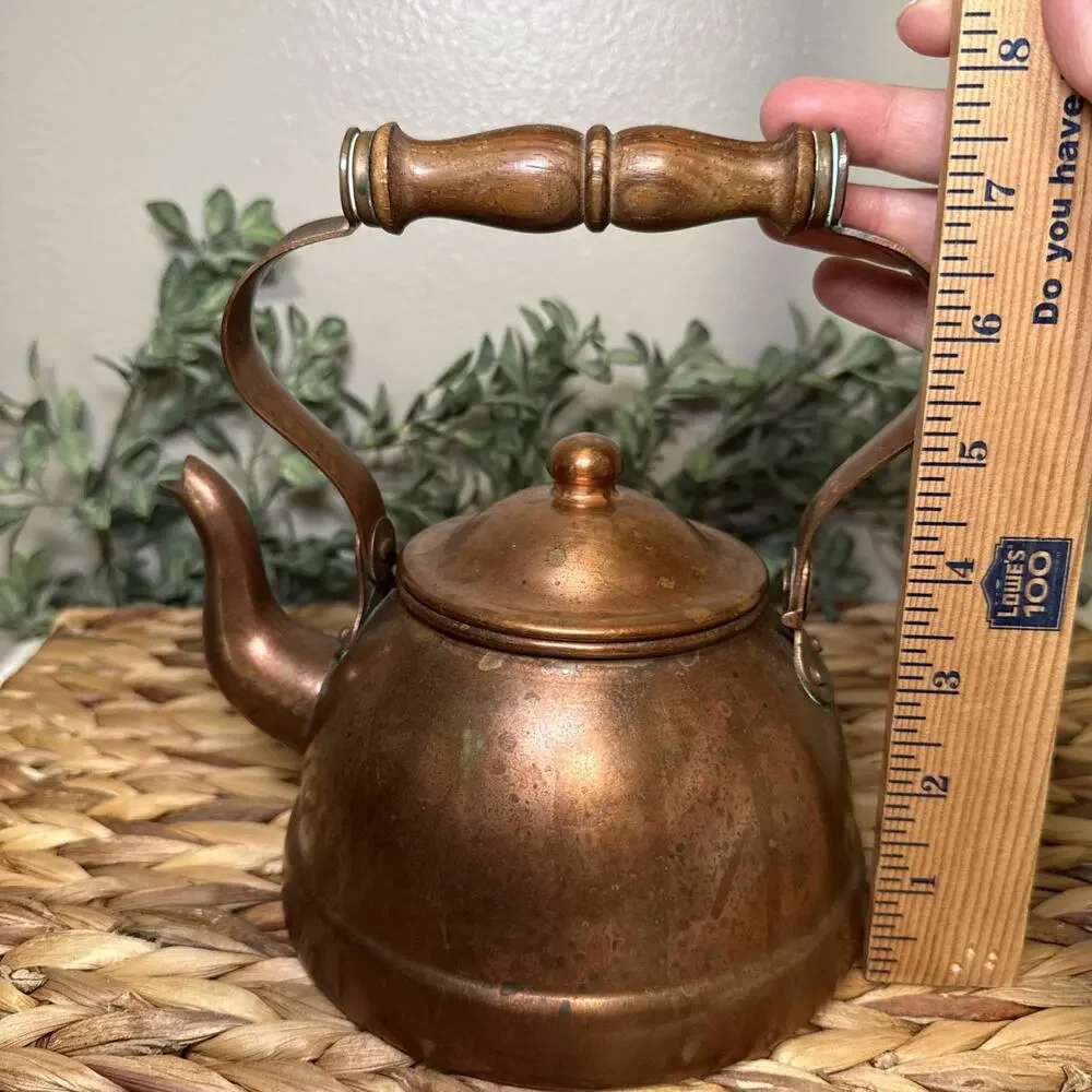 B&M Portugal Copper Tea Kettle Wood Handle Lidded Tin Lined 7” Farmhouse Vtg
